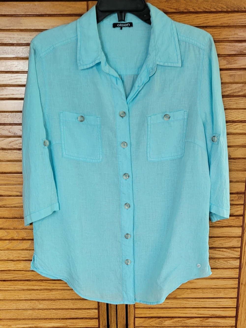 Olsen Light Blue Button-Down Linen-Blend Shirt